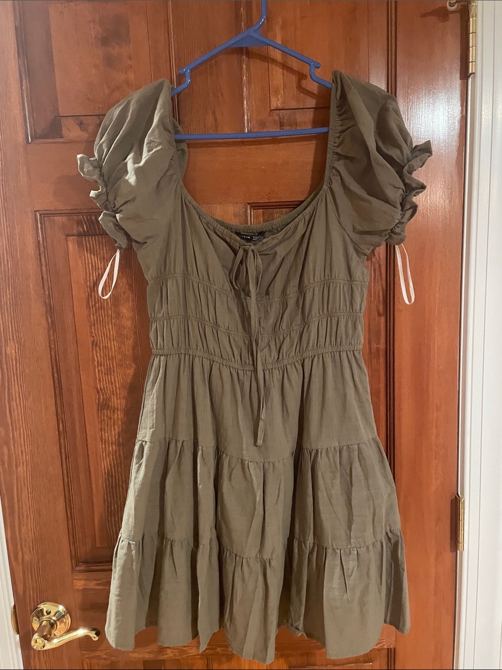 SHEIN Olive Green Tiered Puff Sleeve Mini Dress